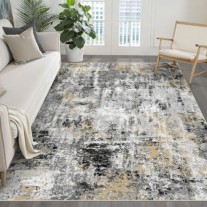 5x7 Area Rugs Living Room: Washable Large Abstract Neutral Modern Soft Rug Stain Resistant Indoor Floor Non-Slip Accent Carpet for Bedroom Nursery Playroom Dining Room Office Dorm Home- Black Gold