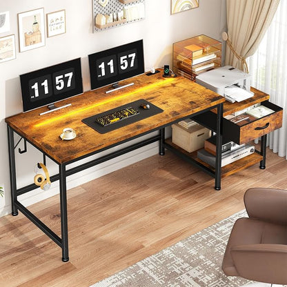 DurayLoly 56" Computer Desk with Printer Shelf & Power Outlets – Reversible Gaming Desk with LED Lights, Drawer & Headphone Hook for Teen Bedroom, Dorm, Home Office, Rustic Brown