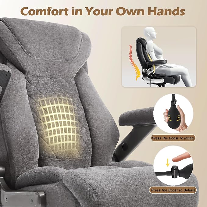Fabric 700lbs Big and Tall Office Chair, Ergonomic Heavy Duty Executive Cloth Office Chair with 5D Flip Arms & Adjustable Lumbar Support & Dual Rubber Wheel, Large Thick Padded Extra Wide Seat, Grey