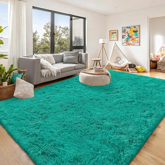 OLANLY 8x10 Machine Washable Large Area Rugs for Living Room, Bedroom, Soft Fluffy Shaggy Bedside Rug, Indoor Floor Carpet for Kids Girls and Boys, Dorms, Nursery, Home Decor Aesthetic, Teal Green