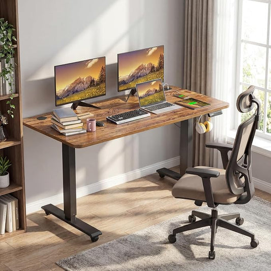Electric Standing Desk with Power Outlets and USB-C Port, 55 x 24 Inches Adjustable Height Sit Stand Up Desk for Home Office, Adjustable Desk with Memory Preset and Wheels, Brown
