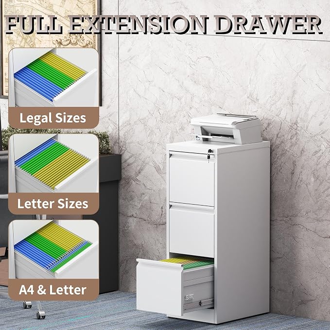 3 Drawer Vertical File Cabinet with Lock, Metal Filing Cabinets for Home Office, Heavy Duty File Storage Cabinet for Legal/Letter/A4 Documents, Easy to Assemble, White