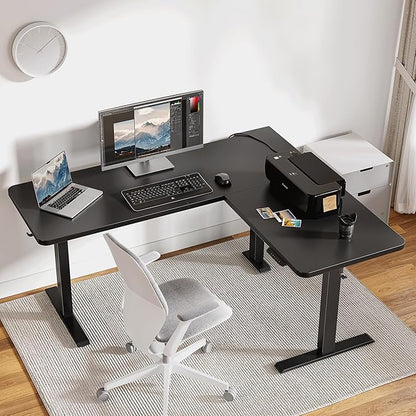BANTI L-Shaped Standing Desk - 75 x 63 Inch Adjustable Corner Standing Desk with Charging Station - L Shape Sit Stand Table with Memory Controller, Splice Board for Home Office, Black