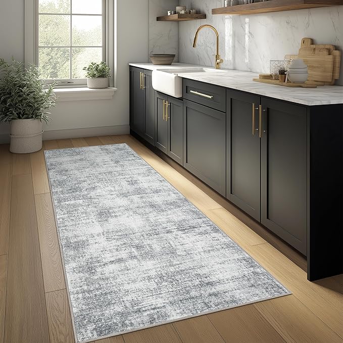 BILEEHOME Modern Abstract Neutral 3x8 Runner Rug for Hallway Low Pile Non Slip Washable Rugs Floor Covering Grey Carpet Runners for Kitchen Laundry Room