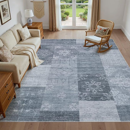 UERMEI 6x9 Area Rug for Living Room - Washable Vintage Carpet, Non-Slip Soft Large Indoor Floor Rugs for Bedroom Home Office & Under Dining Table Decor, Blue Block