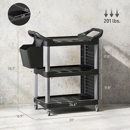HOMCOM 3 Tier Utility Cart on Wheels, Rolling Tool Storage with Pegboards and Bucket, 200 LBS Load Capacity Plastic Service Cart for Garage, Warehouse, Workshop, Black and Light Gray