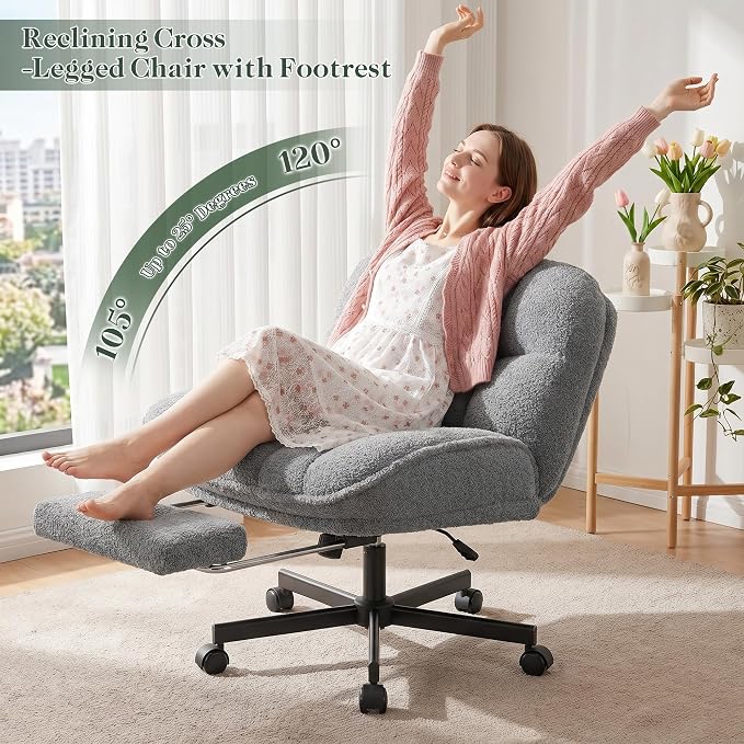 DurayLoly Criss Cross Office Chair with Foot Rest, 26.77" Wide Cross Legged Office Chair with 7" Thick Backrest, Height Adjustable & 360°Swivel, Desk Chair for All-Day Comfort (Misty Gray)