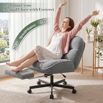 DurayLoly Criss Cross Office Chair with Foot Rest, 26.77" Wide Cross Legged Office Chair with 7" Thick Backrest, Height Adjustable & 360°Swivel, Desk Chair for All-Day Comfort (Misty Gray)