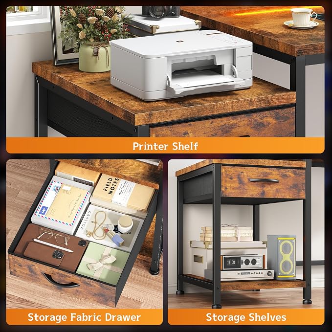 48.1''Gaming Computer Desk with A Reversible Printer Shelf, Built-in Power Outlets & LED Lights, Desk with Drawer and Headphone Hook for Gaming,Craft Working and Studying in Bedroom, Dorm,Rustic Brown