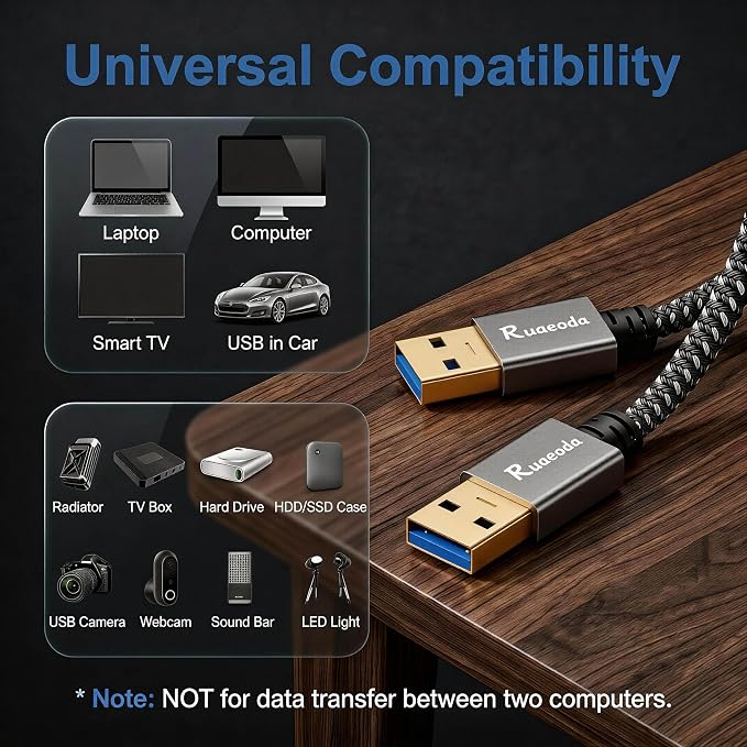 USB to USB Cable 10 ft, USB 3.0 Male to Male Type A to Type A Double Sided USB Cord for Data Transfer Compatible with Hard Drive, Laptop, DVD Player, TV, USB 3.0 Hub, Monitor and More