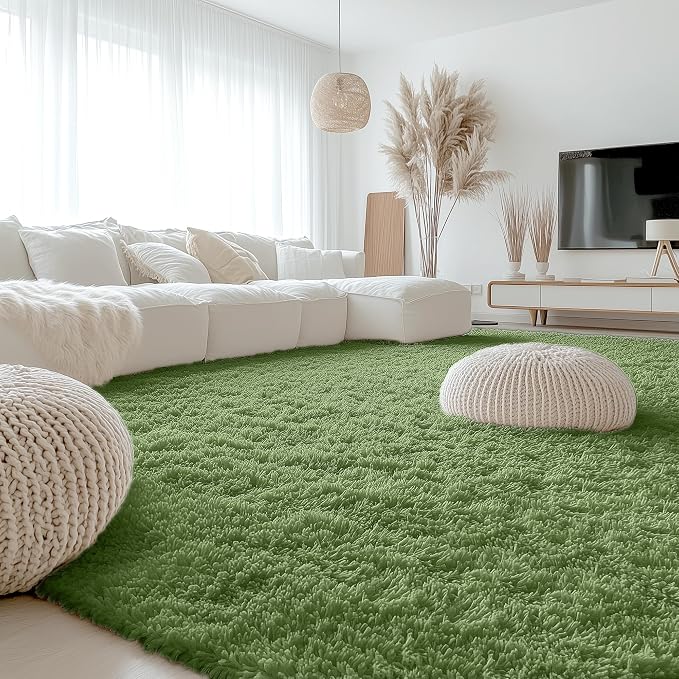 OLANLY 9x12 Machine Washable Large Area Rugs for Living Room, Bedroom, Soft Fluffy Shaggy Bedside Rug, Indoor Floor Carpet for Kids Girls and Boys, Dorms, Nursery, Home Decor Aesthetic, Green