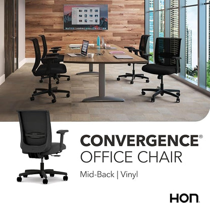 HON Convergence Ergonomic Office Chair with Mesh Back, Vinyl Seat Cushion, Adjustable Arms, Lumbar Support, Synchro‑Tilt Swivel Desk Chair with Wheels for Home Office, Black Frame, Black