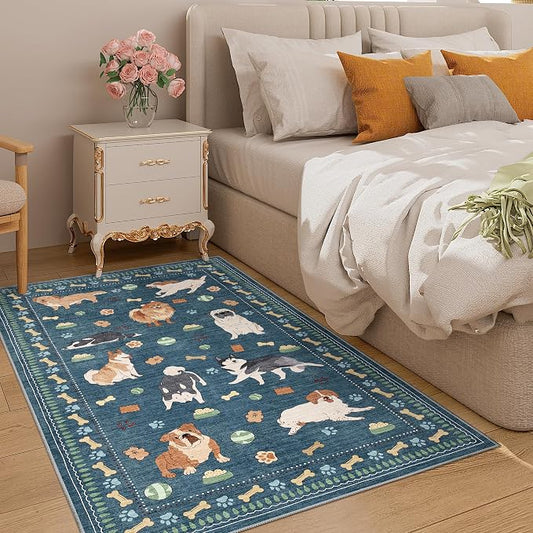 DUKINO 3x5 Area Rug, Lightweight Washable Entryway Rug with Non Slip & Low Pile, Soft Non Shedding Animal Dog Print Pattern Indoor Throw Carpet for Bedroom, Kitchen, Bathroom, Kids Room, Office, Blue