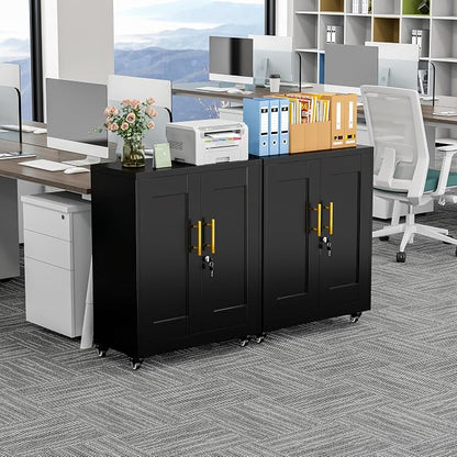 GAIOUS Metal Storage Cabinet with Lock and Wheels, Steel Tool Cabinet | with 2 Door and 2 Adjustable Shelves, 35” Tall Lockable File Cabinet, Garage Cabinet, Rolling Cabinet for Home Office - Black