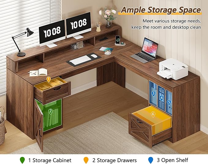 YOMILUVE 63" L Shaped Desk with Drawers, Farmhouse Corner Computer Desk with Power Outlets, Storage Cabinet, Home Office Executive Desk with Long Monitor Stand, Brown