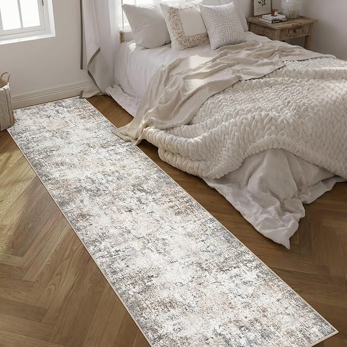2.6'x14' Runner Rug Washable Rug: Modern Abstract Soft Thin Runner Rug Brown Grey