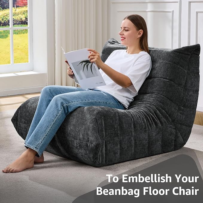 Hobestluk Adults Bean Bag Chair Faux Fur BeanBag Couch for Living Room | Darkgrey Chenille,Ergonomic Design,Memory Foam,Anti-slip Bottom,No Assembly Required,Decorative Style for Living Room