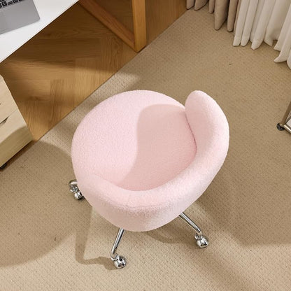 VINGLI Cute Small Swivel Desk Chair Comfy with Wheels,Ergonomic Low-Back Lumbar Support Vanity Nail Tech Rolling Task Stool Girls Women Kids Chair for Home Office,Height Adjustable,Teddy Fleece,Pink