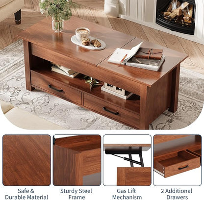IDEALHOUSE 47.2" Coffee Table with Storage, Multi-Function Lift Top Coffee Table with Wooden Lift Tabletop, 2 Drawers and Hidden Compartment, Central Table for Living Room Home Office, Brown