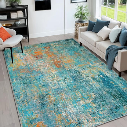 RELEANY Washable Area Rugs 5'x7' Non-Slip Modern Abstract Soft for Living Room Entryway Bedroom Kitchen, Print Pattern, Teal Blue Green Orange Rust Red Coloreful