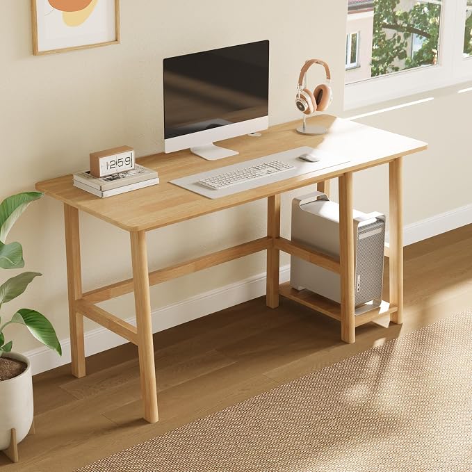 NELYE Solid Wood Computer Desk - 58" W x 24" D Sturdy Computer Workstation with CPU Stand，Modern Minimalist Table for Home Office, Oak