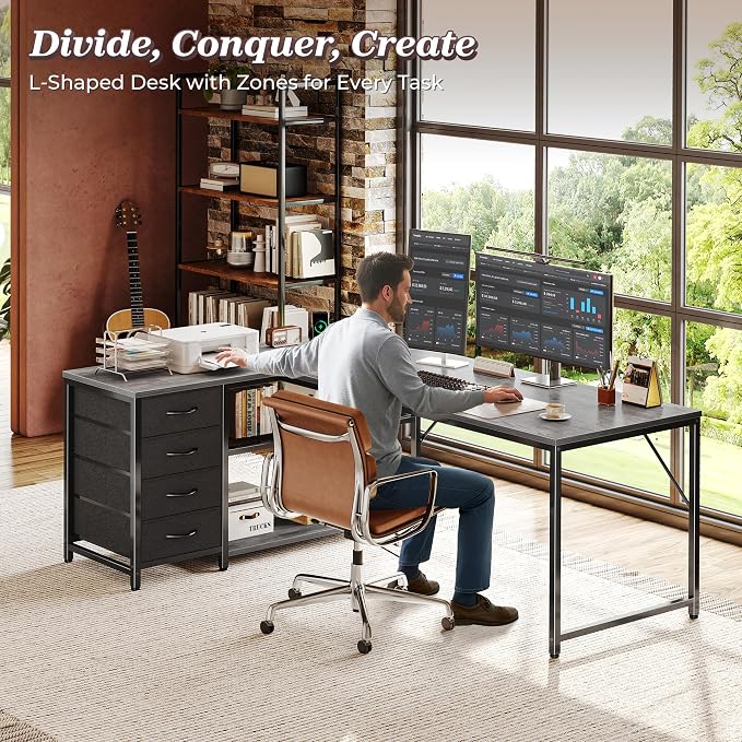 PRAISUN 61" L Shaped Desk with Power Outlets & USB-C Port, Reversible Computer Corner Office Desk with 4 Fabric Drawers and 2 Storage Shelves, Large Desk for Gaming Writing Study, Grey