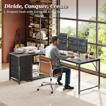 PRAISUN 61" L Shaped Desk with Power Outlets & USB-C Port, Reversible Computer Corner Office Desk with 4 Fabric Drawers and 2 Storage Shelves, Large Desk for Gaming Writing Study, Grey