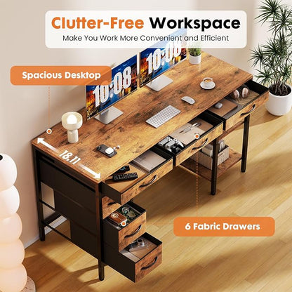 OLIXIS Computer desk with 6 Drawers, 47 inch Office workstation with Storage Shelves, Reversible Gaming setup, Corner table with Storage Drawers, Work for Home Office, Study, Living Room, Rustic Brown