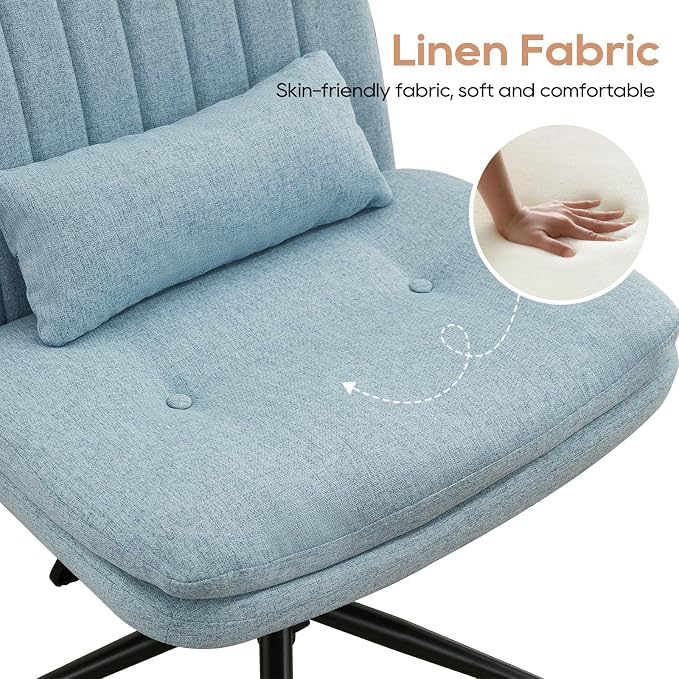 IPKIG Criss Cross Chair, Small Armless Desk Office Computer Chair with Wheels and Lumbar Pillow, Comfy Adjustable Swivel Task Vanity Chair Linen, Light Blue