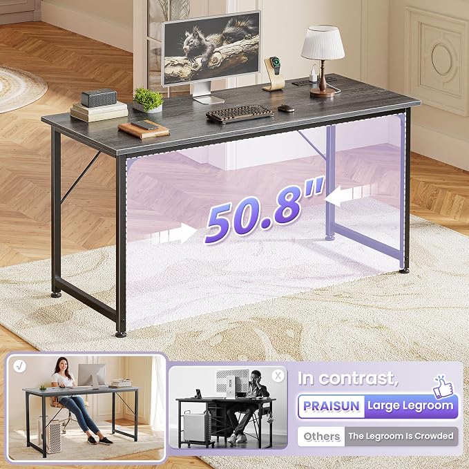 PRAISUN 55 X 20 Inch Office Computer Desk with Power Outlets and USB-C Port, Larger and Longer Gaming Desk, for Home Office, Study, Bedroom, Writing Work from Home Table, Metal Frame, Grey