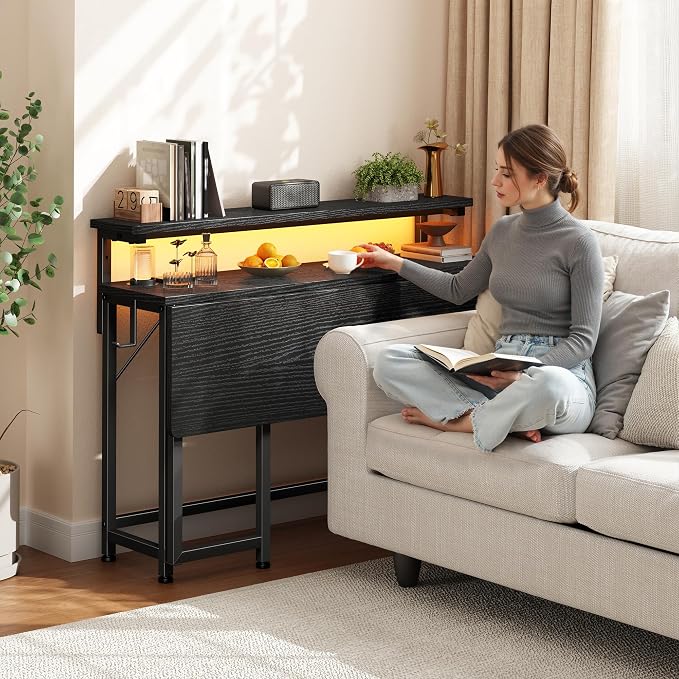DurayLoly Folding Table with RGB Light for Small Space, 31.5" Folding Computer Desk for Space Saving Sofa Table for Couch, Home Work Office Desk with Monitor Stand, Easy to Fold with Hooks,Black