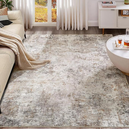UERMEI 9x12 Washable Area Rug - Neutral Modern Abstract Living Room Rugs, Non-Slip Soft Large Indoor Floor Carpet for Bedroom Home Office & Under Dining Table Decor, Brown Grey