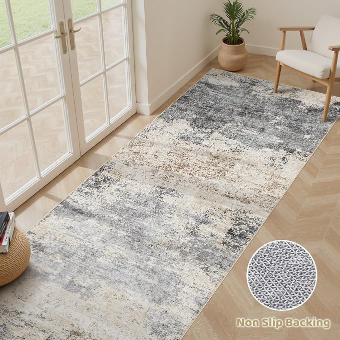 Runner Rug Kitchen Washable Rugs: 3x8 Non-Slip Abstract Soft Modern Stain Resistant Indoor Floor Neutral Accent Throw Carpet for Hallway Bathroom Laundry Room Entryway Bedroom- Grey Brown