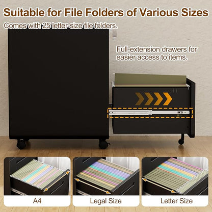 3 Drawers File Cabinet, Mobile Filing Cabinet with Lock, with 25 File Folders, Steel, Fully Assembled Except Casters, for Home Office, Black
