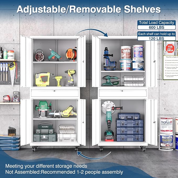 White Metal Storage Cabinet with Wheels, 73" Tall Garage Rolling Storage Cabinets with Doors and Shelves, Lockable Tool Caninet Steel Locking Cabnets for Home Office, Garage, Pantry
