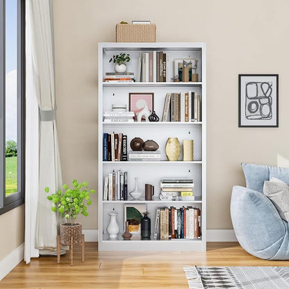 VASAAOSD 66" Tall Metal Bookcase, 5 Shelf White Bookcase with Adjustable Shelves, Large Bookshelves and Bookcases, Modern Book Shelf Storage Organizer for Living Room, Home Office, Library
