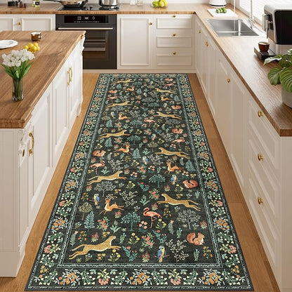 DUKINO 3x8 Washable Runner Rug, Low Pile Animal Print Non Slip Long Runner Rug for Kitchen, Lightweight & Non Shedding Indoor Carpet for Hallway, Kitchen, Entryway, Bathroom, Laundry, Black