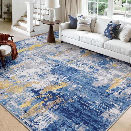 RELEANY Washable Area Rugs 7x10 Non-Slip Modern Abstract Soft for Living Room Entryway Bedroom Kitchen, Print Pattern, Grey Blue Gold/Golden