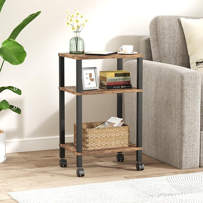 3-Tier Printer Stand with Storage, Mobile Printer Cart with Rolling Casters & Adjustable Feet, Under Desk Storage Shelf for Home Office, Small Printers,Rustic Brown, 15.7" x 11.8" x 25.9"