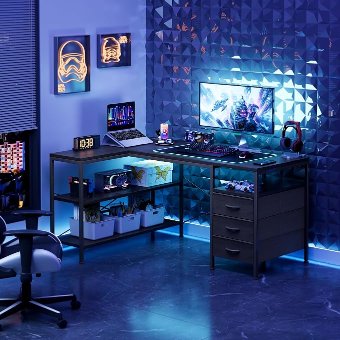 MUTUN L Shaped Computer Desk with 3 Drawers & Power Outlets, 47 Inch Corner Desk with Reversible Storage Shelves, PC Table for Home Office Bedroom (Black, 47 Inch)