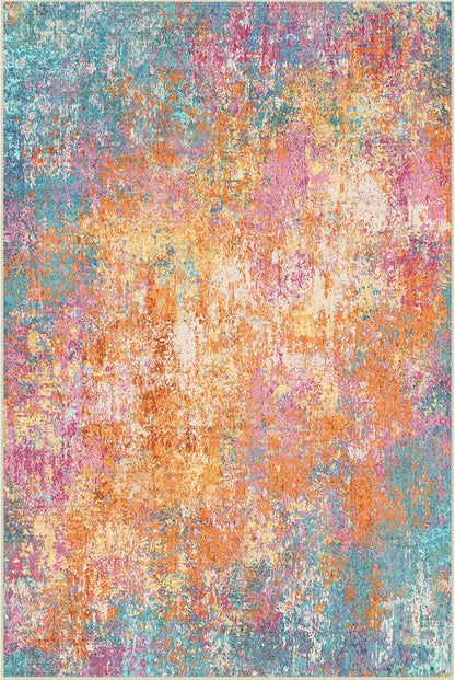 RELEANY Washable Area Rugs 9'x12' Non-Slip Modern Abstract Soft for Living Room Entryway Bedroom Kitchen, Print Pattern, Orange Blue Pink Yellow Colorful