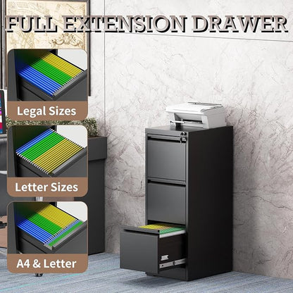3 Drawer Vertical File Cabinet with Lock, Metal Filing Cabinets for Home Office, Heavy Duty File Storage Cabinet for Legal/Letter/A4 Documents, Easy to Assemble, Black
