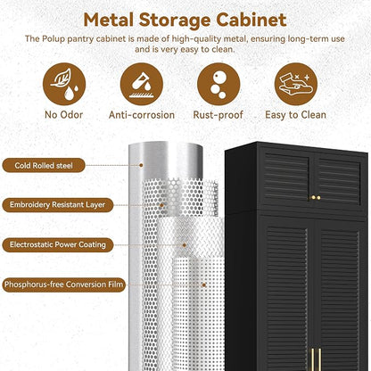 Polup 90" Tall Metal Kitchen Pantry Storage Cabinet with Doors and Shelves | Black Heavy Duty Steel Cabinet,Golden Handle,5 Adjustable Shelves,Louvered Doors,Anti-tipping,2 packages,garage,Dining room