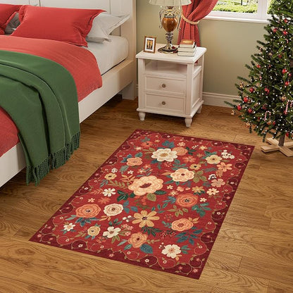 DUKINO 2x3 Rugs for Entryway, Floral Indoor Washable Door Mat, Non Slip Boho Small Rug for Kitchen, Soft Low Pile Front Door Throw Rug for Entrance, Bedroom, Kitchen, Laundry, Bathroom, Red