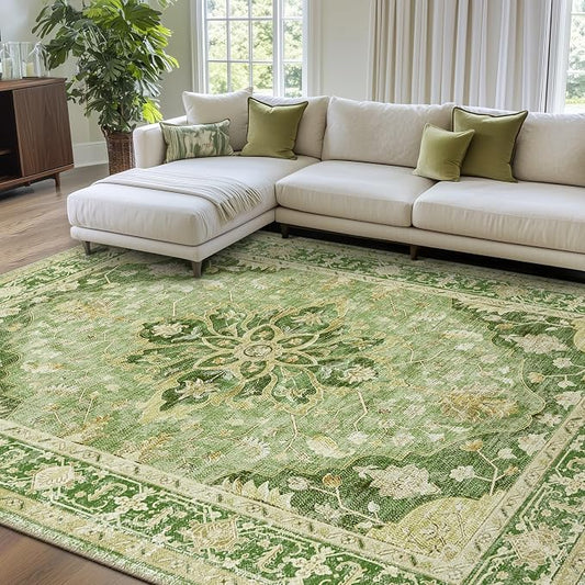 RELEANY Area Rugs 7'x10' Washable Non-Slip, Floral Vintage Distress Medallion Carpet for Living Room Bedroom Dining Room, Sage Green Yellow