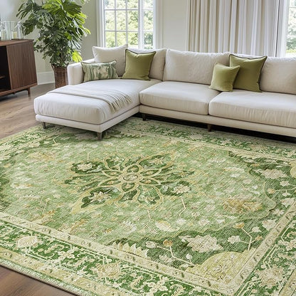 RELEANY Area Rugs 7'x9' Washable Non-Slip, Floral Vintage Distress Medallion Carpet for Living Room Bedroom Dining Room, Sage Green Yellow