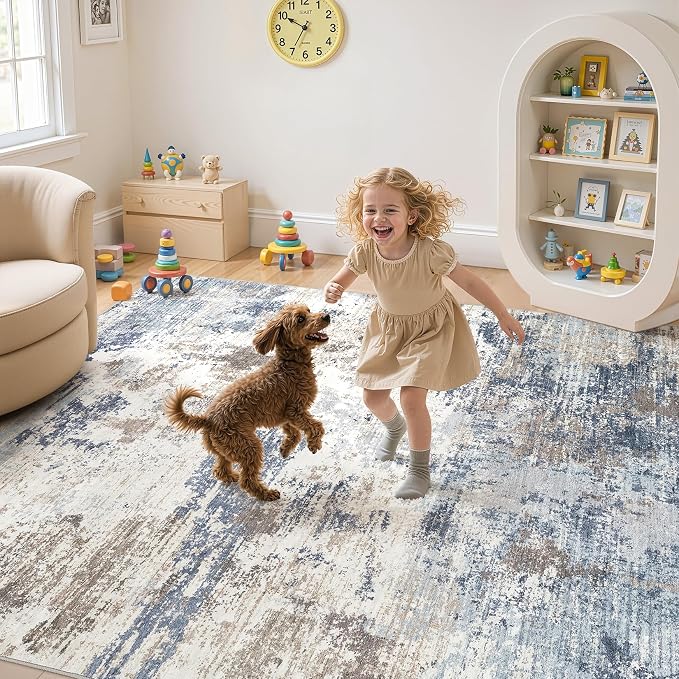 UERMEI 6x9 Area Rug Living Room Rugs - Washable Neutral Modern Abstract Soft Thin Large Rug Indoor Floor No Slip Rug Carpet for Bedroom Under Dining Table Home Office Decor- Denim Blue