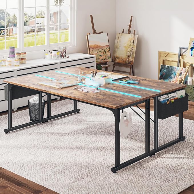 DurayLoly 63" Home Office Desk with LED Lights,Computer Desk for 2 Monitors or 2 laptops,Spacious Under-Desktop for Study Writing Work Gaming Desk,Sturdy Metal Frame,Bedroom,Rustic Brown