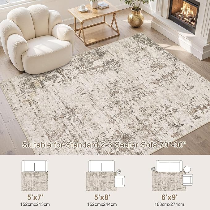 UERMEI 6x9 Area Rug Living Room Rugs - Washable Neutral Modern Abstract Soft Thin Large Rug Indoor Floor No Slip Rug Carpet for Bedroom Under Dining Table Home Office Decor - Dark Brown