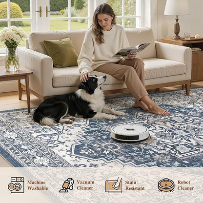 UERMEI 9x12 Area Rug for Living Room - Washable Vintage Carpet, Non-Slip Soft Large Indoor Floor Rugs for Bedroom Home Office & Under Dining Table Decor, Denim Blue/White